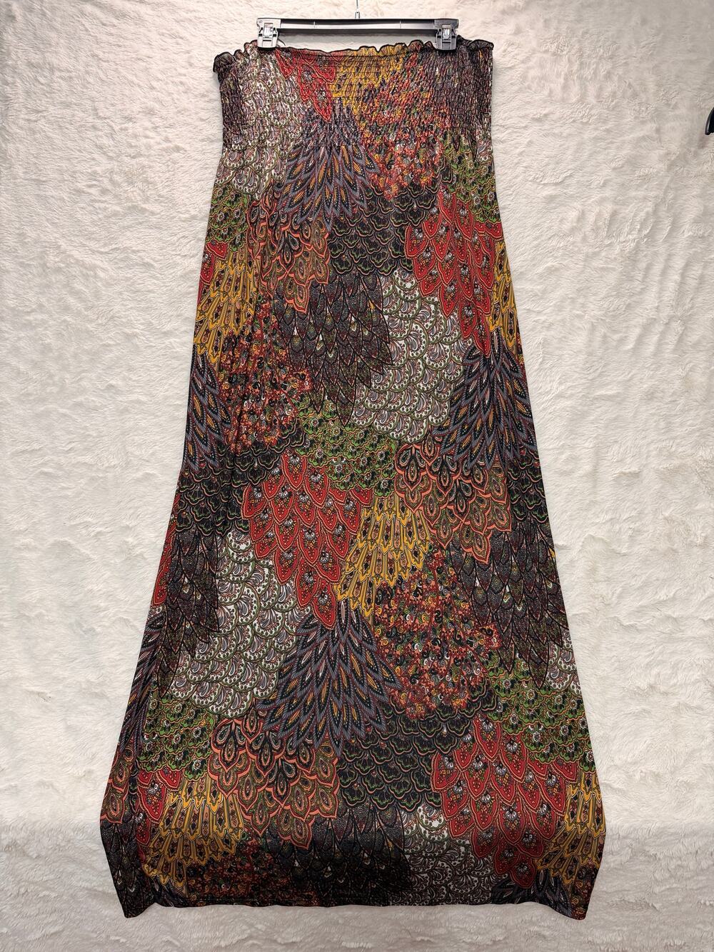 Hypnotik Womens XL Peacock Feather Print Smocked Convertible Maxi Skirt Dress
